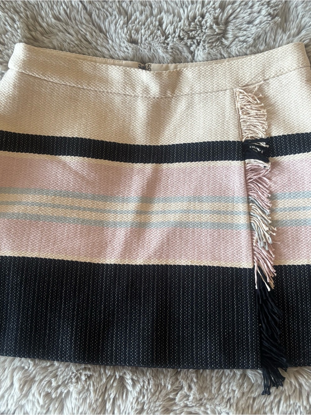 BCBGMaxAzria Cream, Black, Pale Pink & Light Blue Striped Fringe Mini Skirt